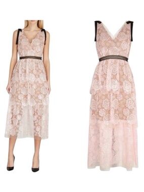 SELF-PORTRAIT Starlet Rose Blush & Black Trim Limited Edition Lace Midi Dress
